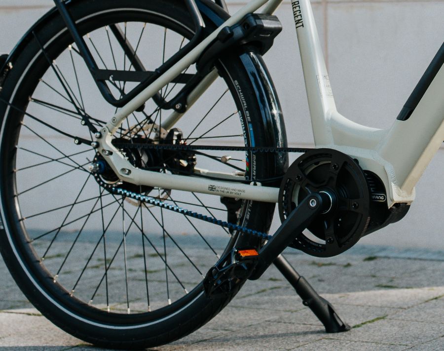 Close-up of VOLT Regent electric bike showing Shimano Nexus hub gears and Bafang motor