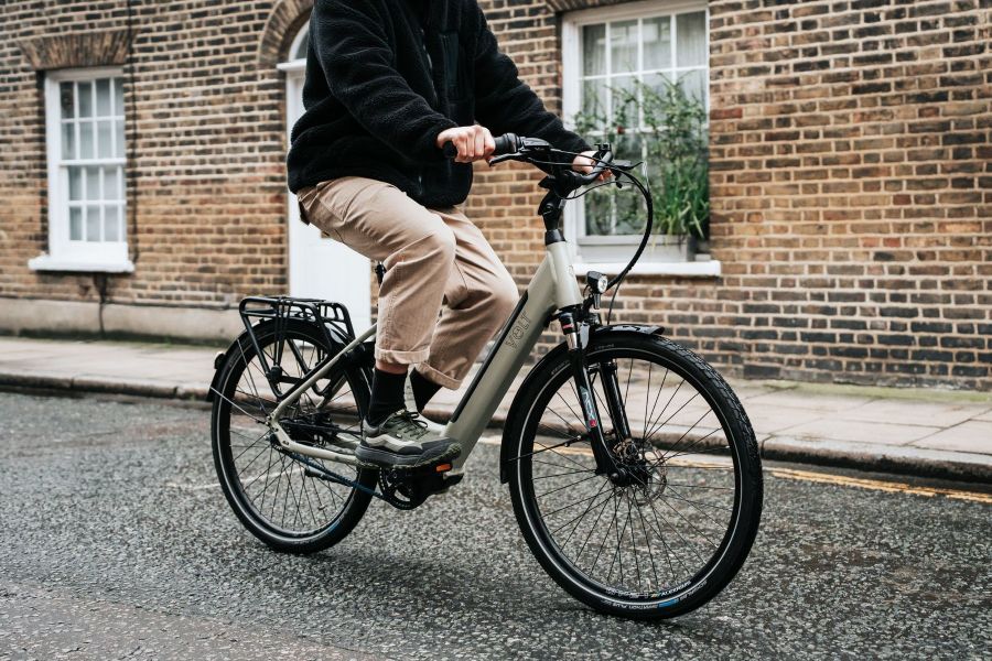 VOLT Regent electric bike photographed outdoors in Edinburgh, step-through commuter e-bike with Bafang crank motor
